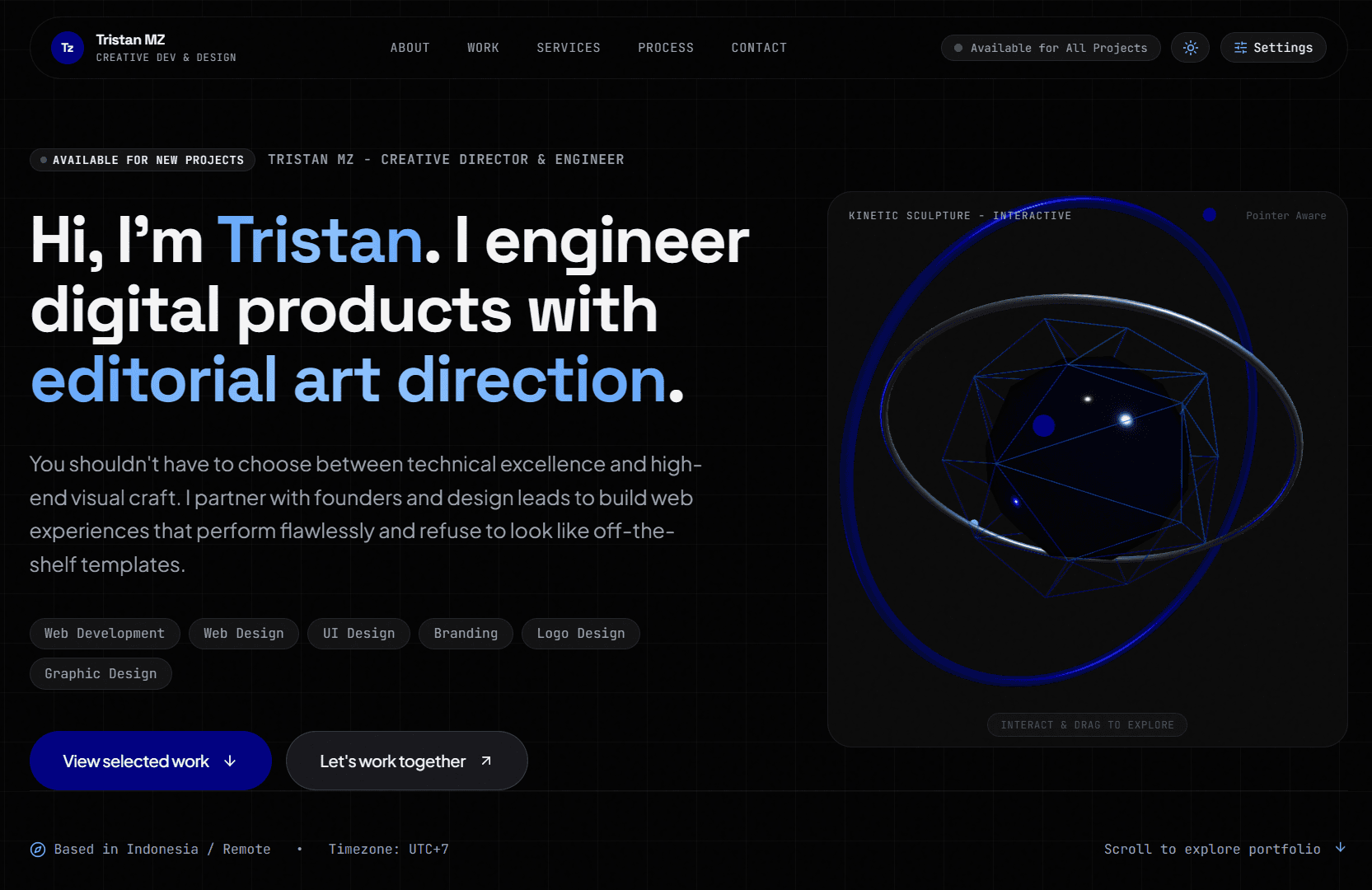 Hero interaction and kinetic monolith typography composition